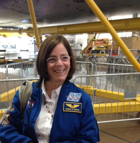 Astronaut Barbara R. Morgan stands in front of space shuttle Endeavour. ©Matt Vasko